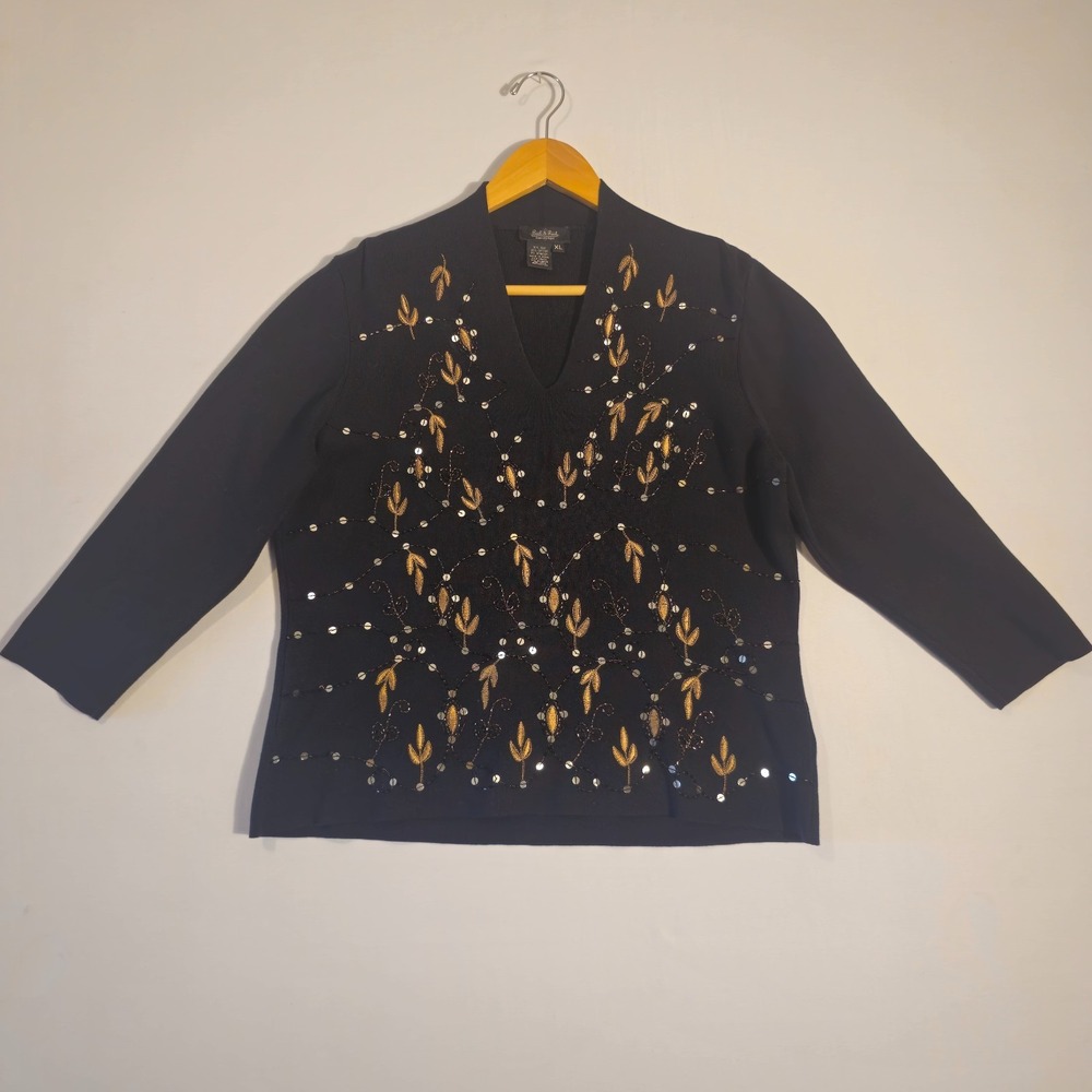 Peck & Peck Black Silk Beaded Sweater Top XL Y2K Coquette Romantic